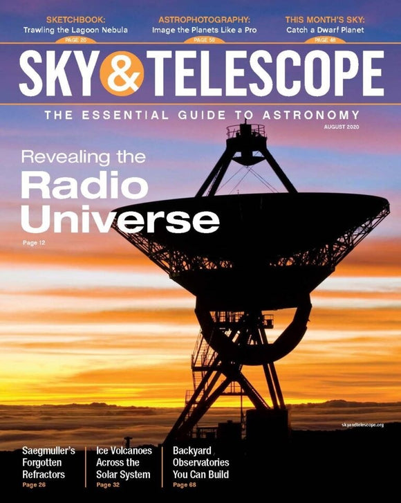 august 2020 issue of sky and telescope with a satellite dish